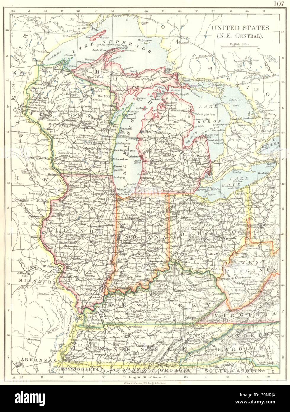 USA MID WEST. Wisconsin Michigan Illinois Ohio Indiana Kentucky TN, 1899 map Stock Photo