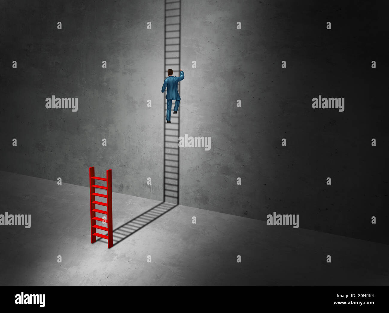 Business success imagination concept as a businessman climbing the long upward cast shadow of a small ladder. Stock Photo