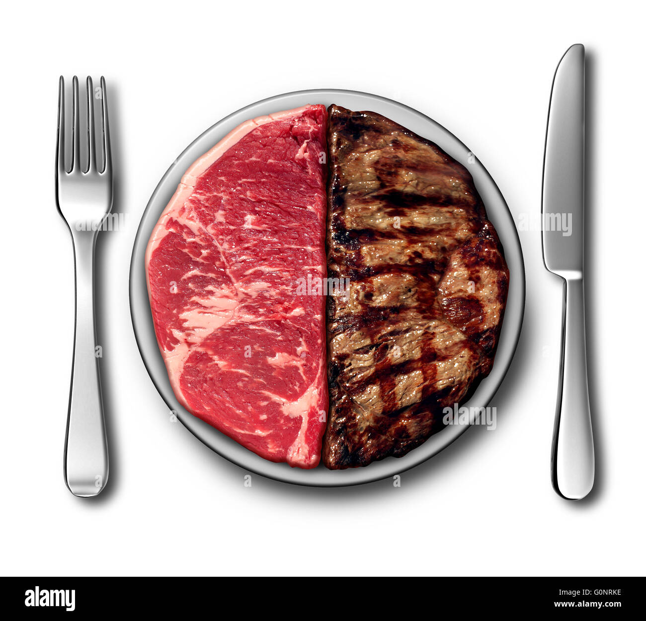 Steak dinner barbecue symbol as a bbq place setting with raw meat and grilled sirloin as a before the grill and after being cooked food concept with 3D illustration elements. Stock Photo