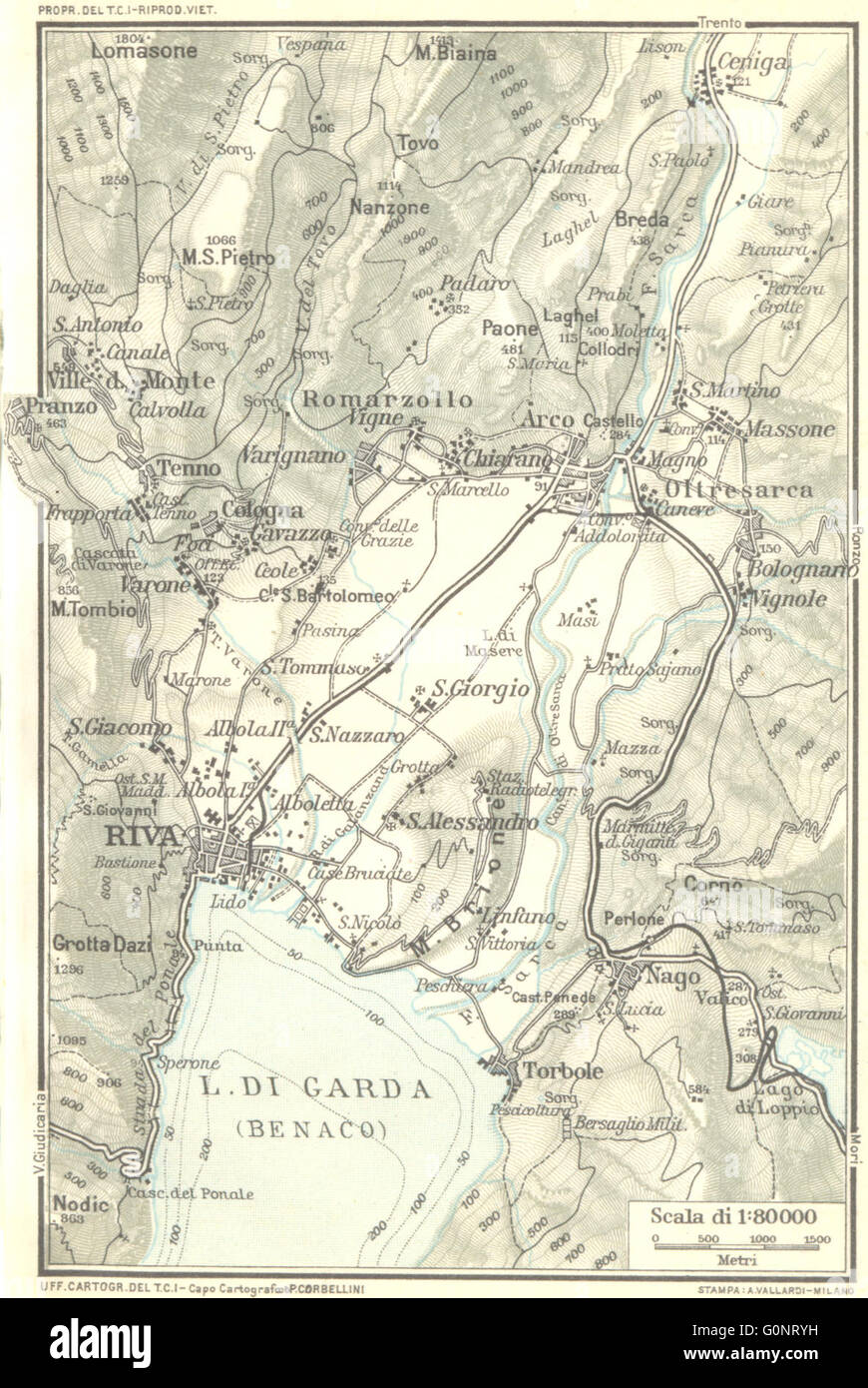 ITALY: Lake Garda: Area de Riva d'Arco, 1926 vintage map Stock Photo