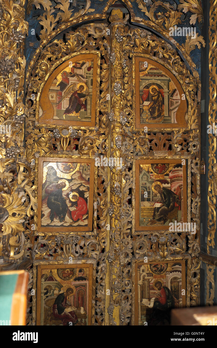 Doors with icons, interior of Church of Elijah the Prophet, Yaroslavl, Russia. Stock Photo