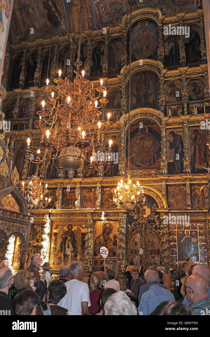 Wall of icons (Greek style, 17th century Baroque), Church of Elijah the Prophet, Yaroslavl, Russia. Stock Photo