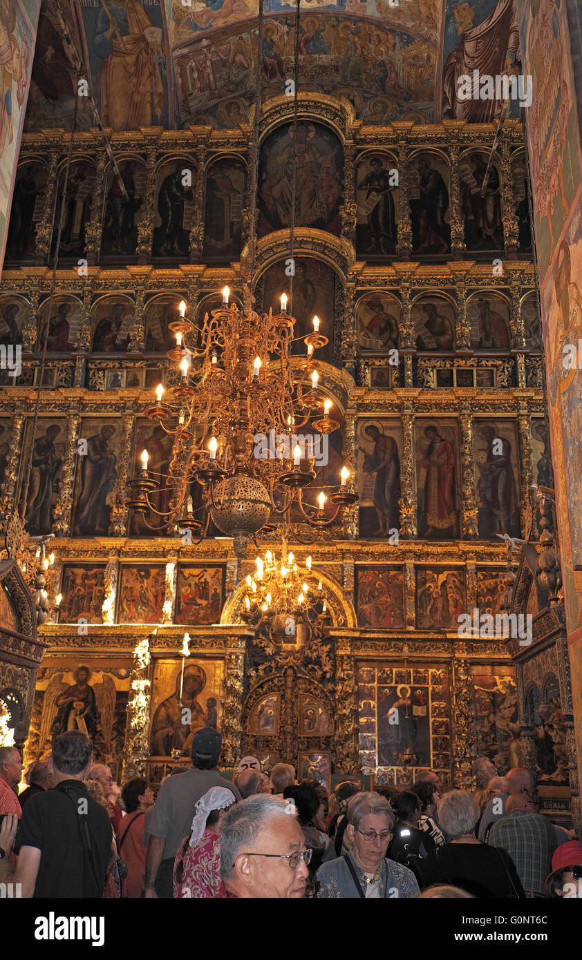 Wall of icons (Greek style, 17th century Baroque), Church of Elijah the Prophet, Yaroslavl, Russia. Stock Photo