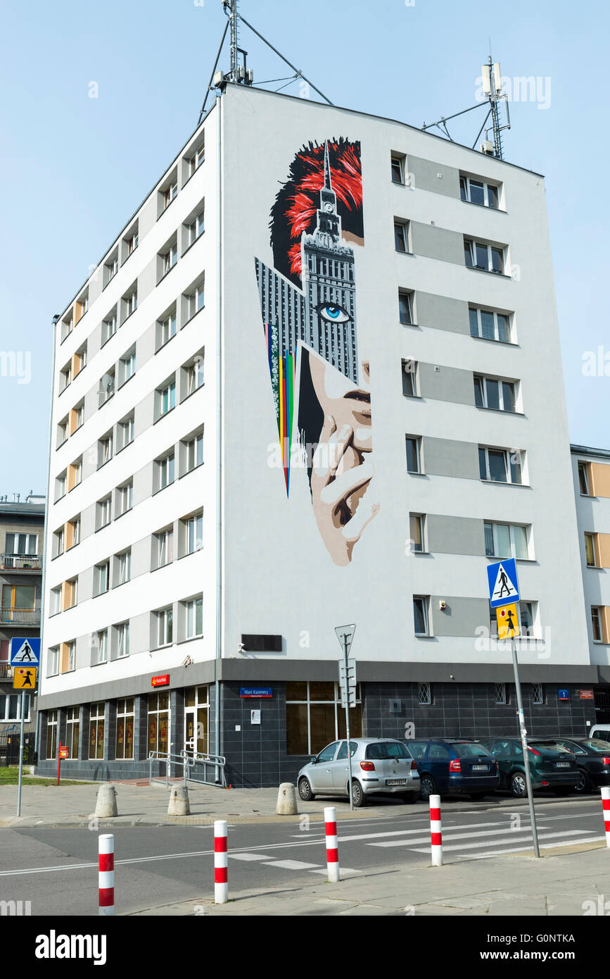 A mural portraying the late UK rock star David Bowie, Warsaw, Poland, Europe Stock Photo