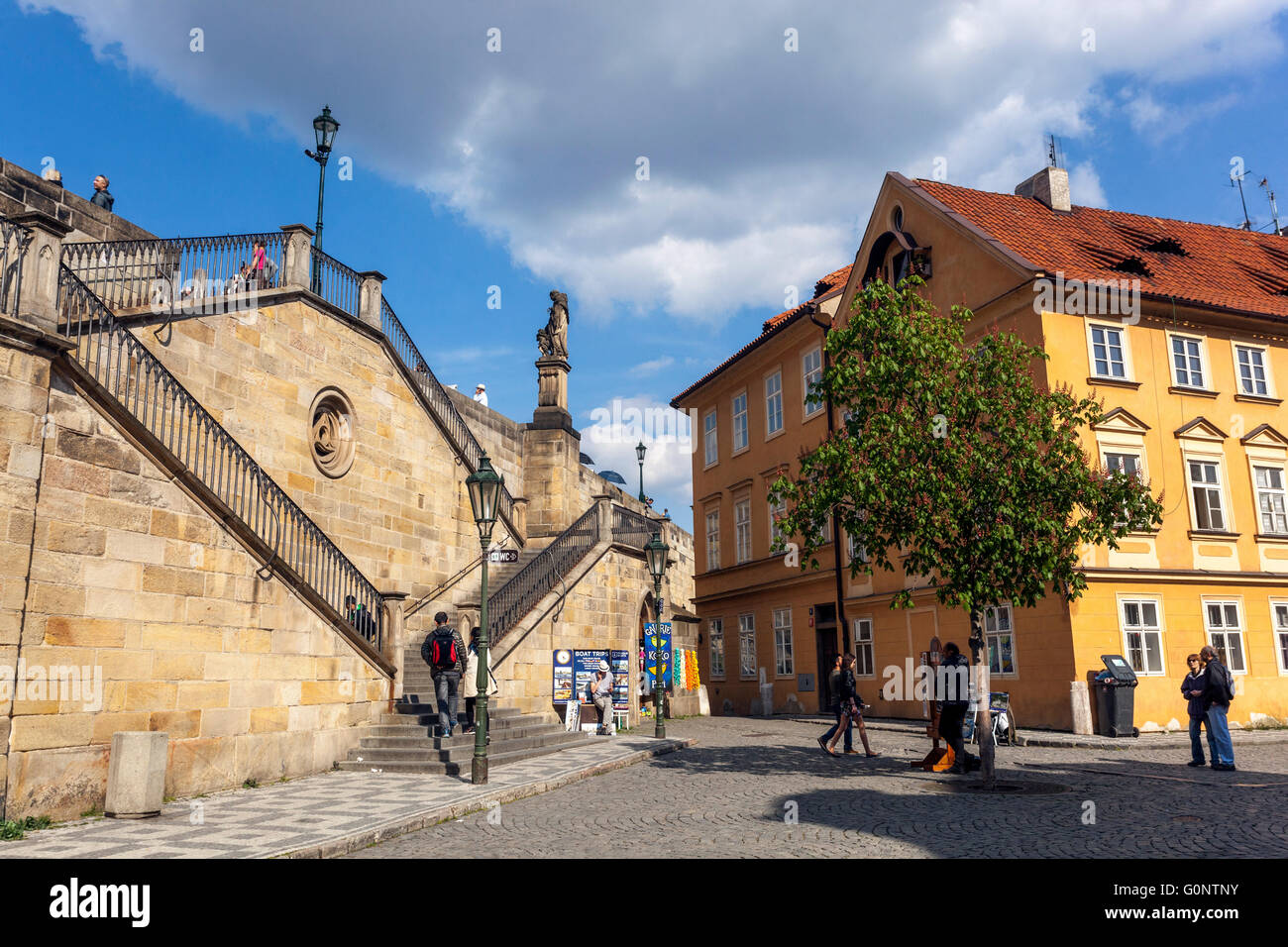 Prague Charles bridge steps from Kampa Island Mala Strana, Prague Na Kampe Square Czech Republic Stock Photo