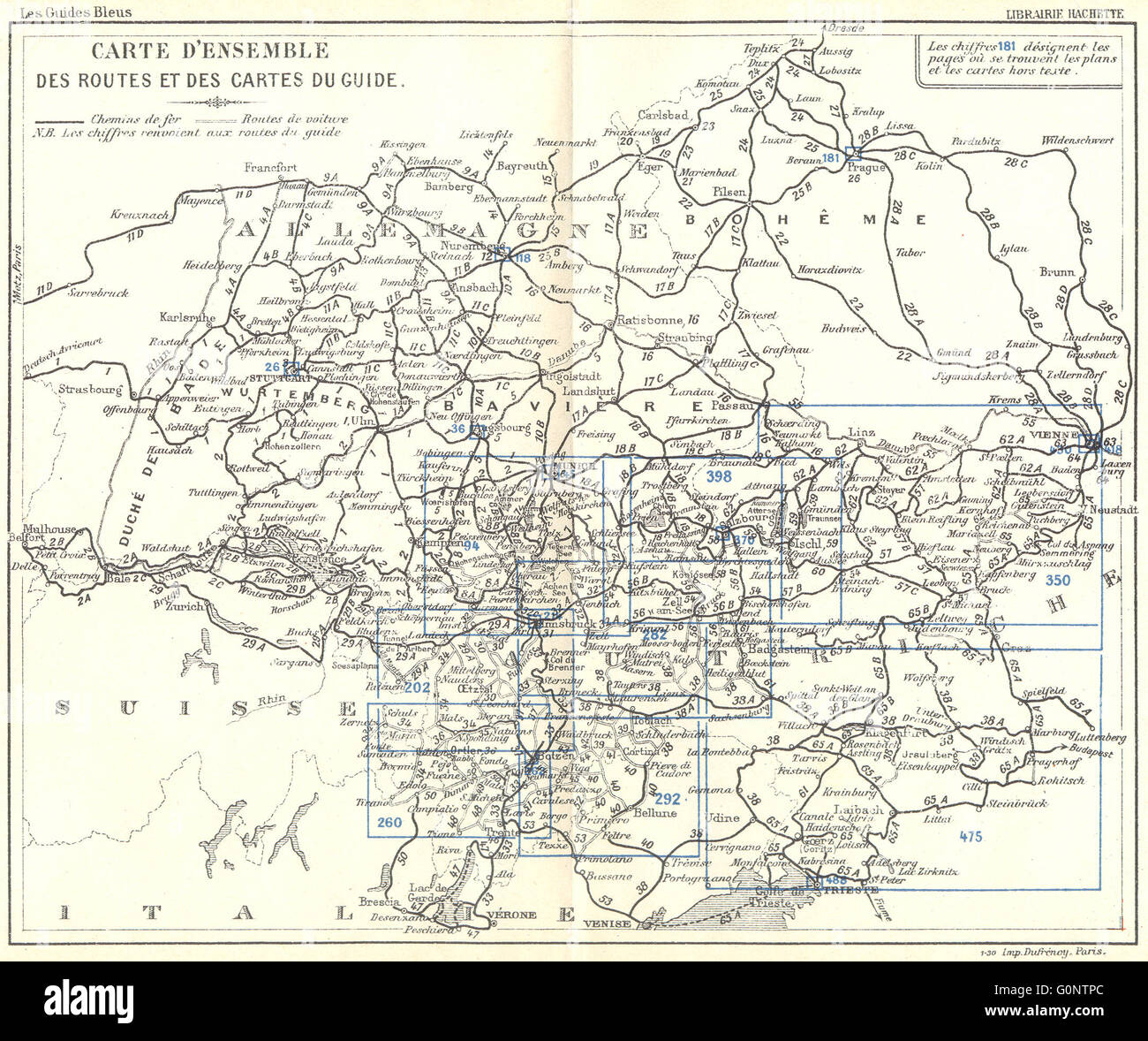 EUROPE: Carte D'Ensemble Route Cartes du Guide, 1914 antique map Stock Photo