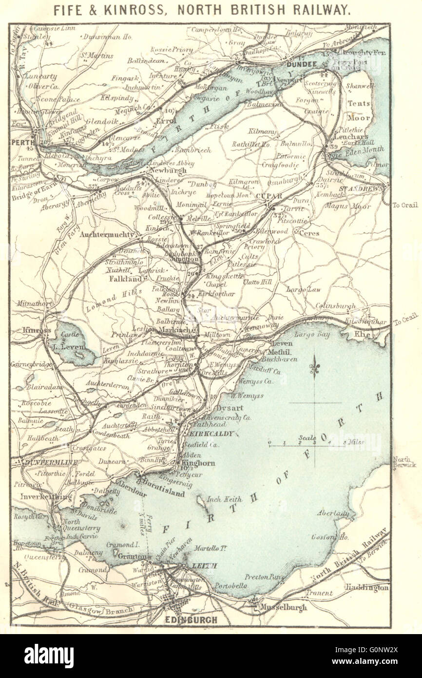FIFE & KINROSS: North British Railway. Perth Edinburgh Dundee, 1887 old map Stock Photo