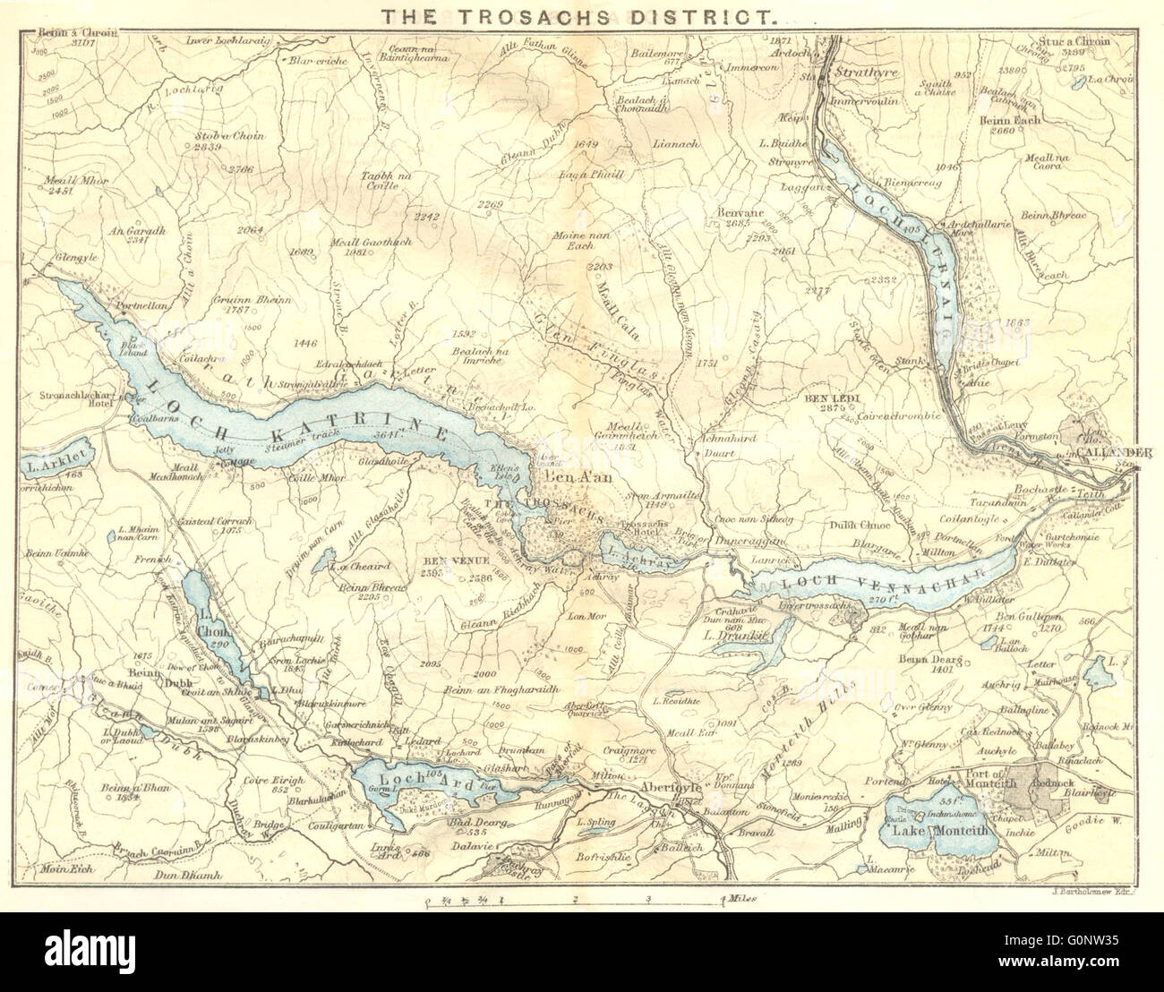 THE TROSSACHS DISTRICT: Lochs Katrine Ard achray Vennachar Lubnaig, 1887 map Stock Photo