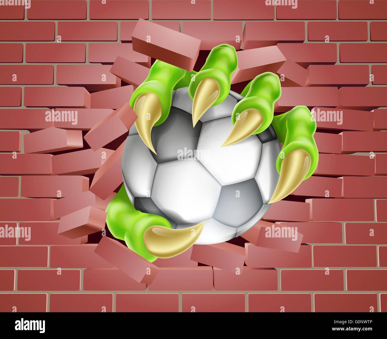 An illustration of a claw hand holding a soccer football ball breaking