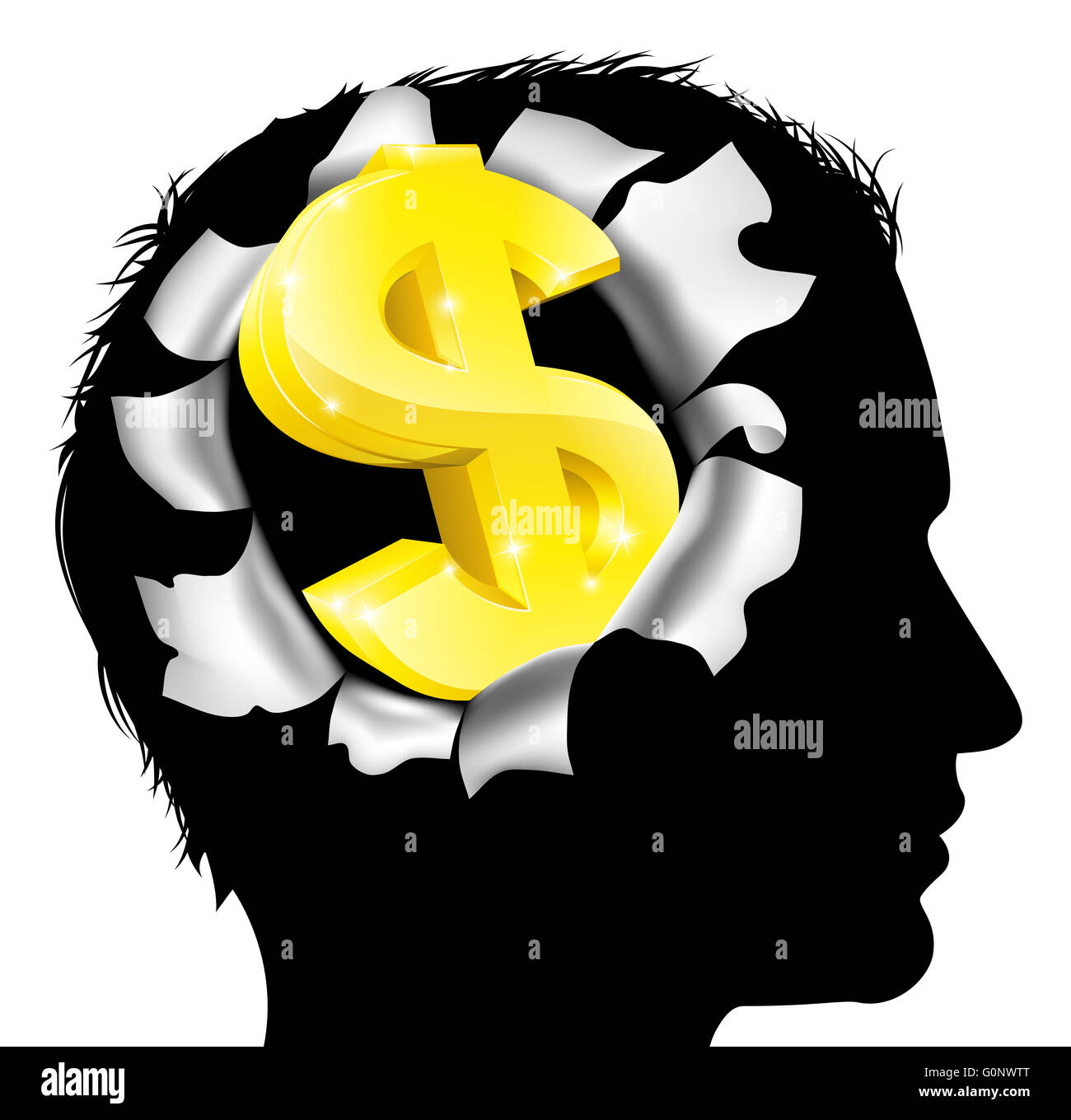 A mans head in silhouette with gold dollar sign symbol. Concept for thinking or dreaming about making money or business success Stock Photo