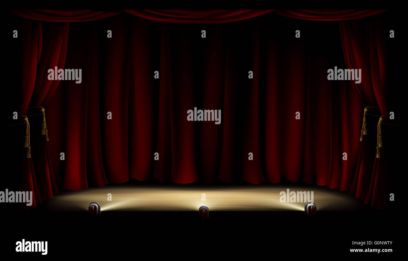 An illustration of a theatre or theater stage with footlights and red curtain backdrop Stock Photo