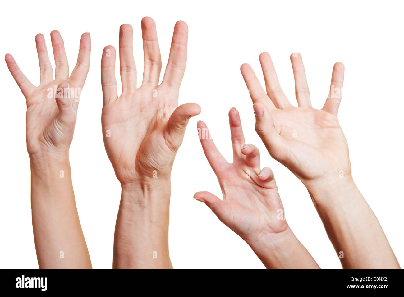 Many hands reaching out in the air for help Stock Photo