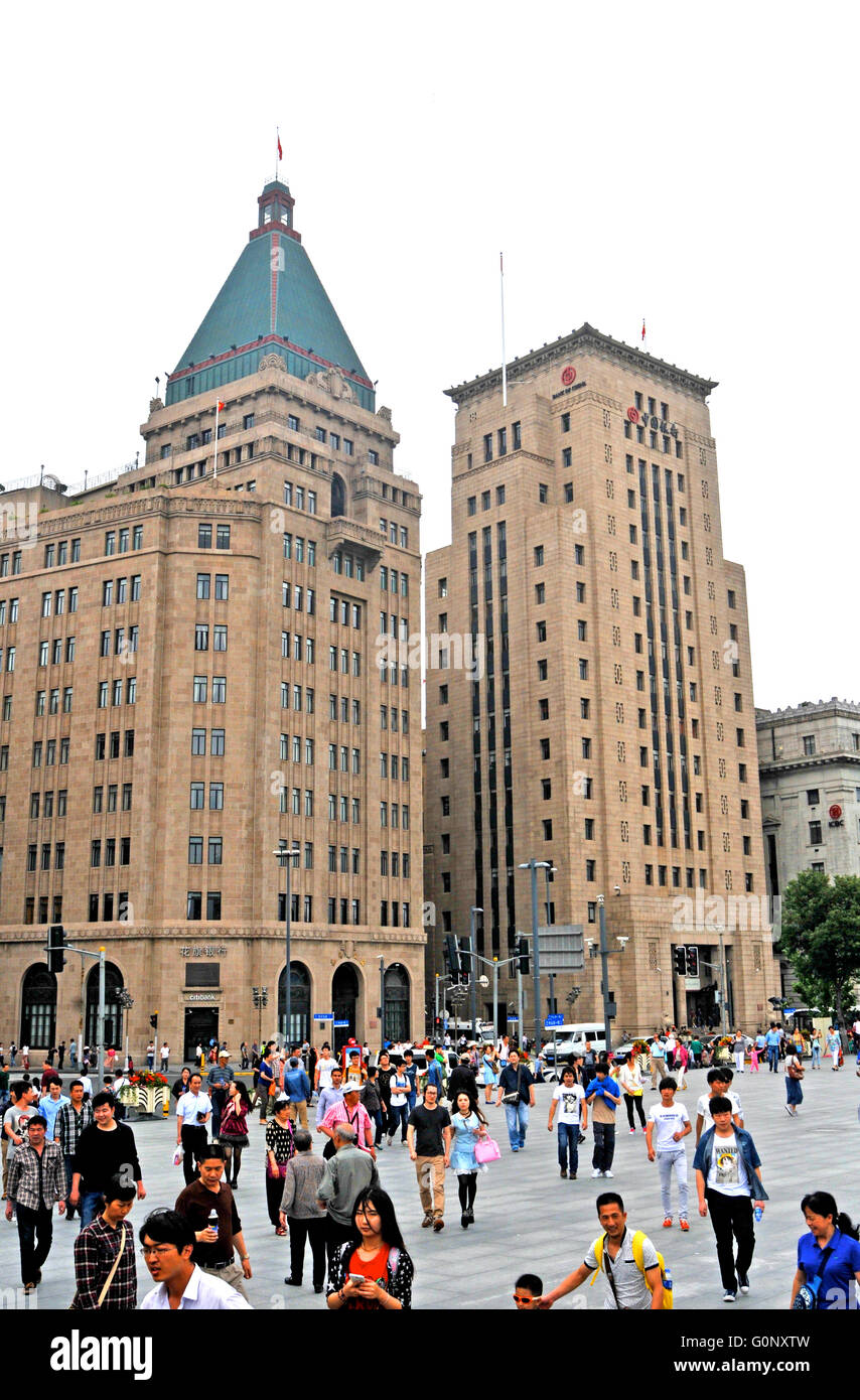 Peace hotel and Bank of China on the Bund Shanghai China Stock Photo