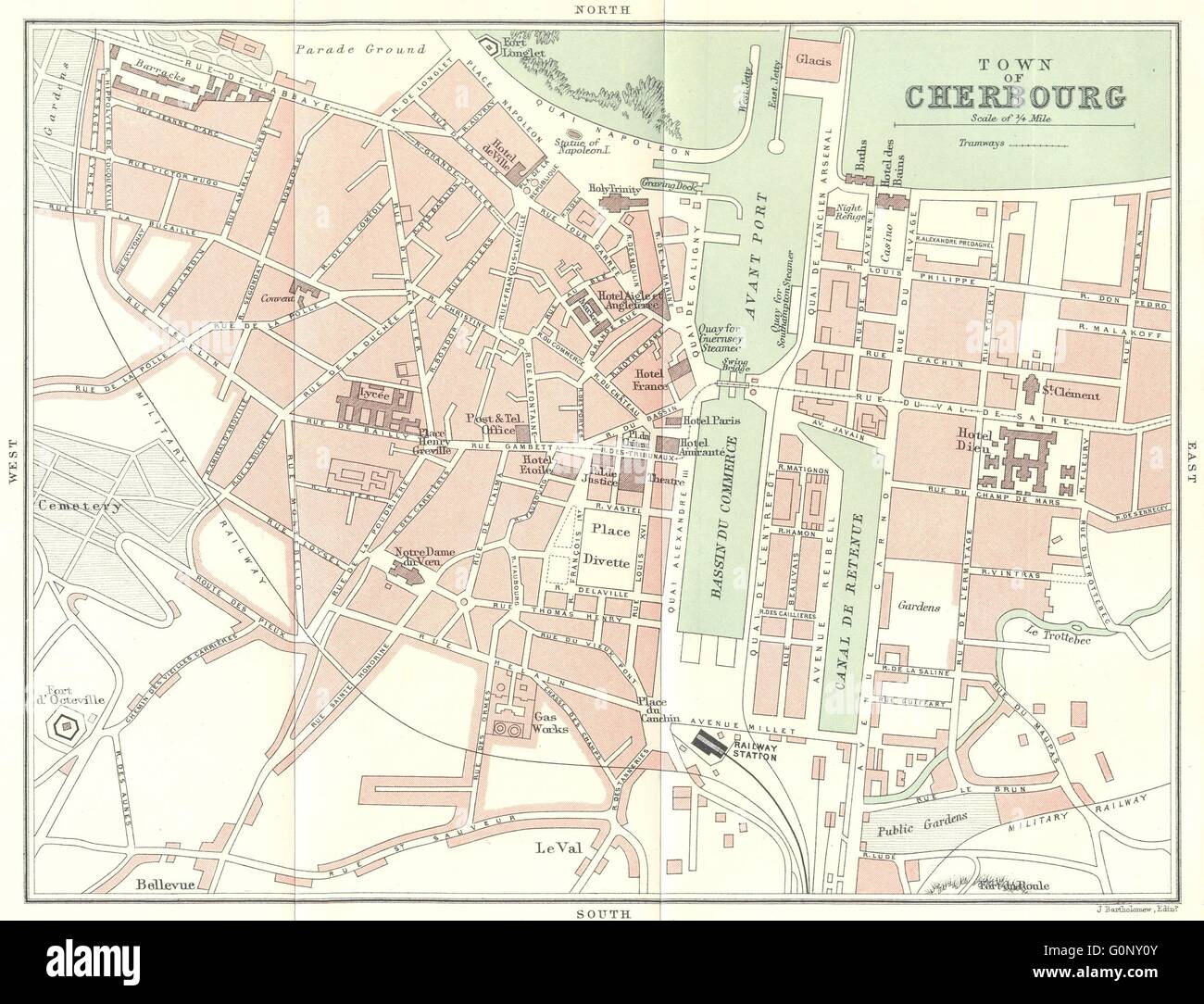 MANCHE: Cherbourg plan de ville town, 1913 antique map Stock Photo