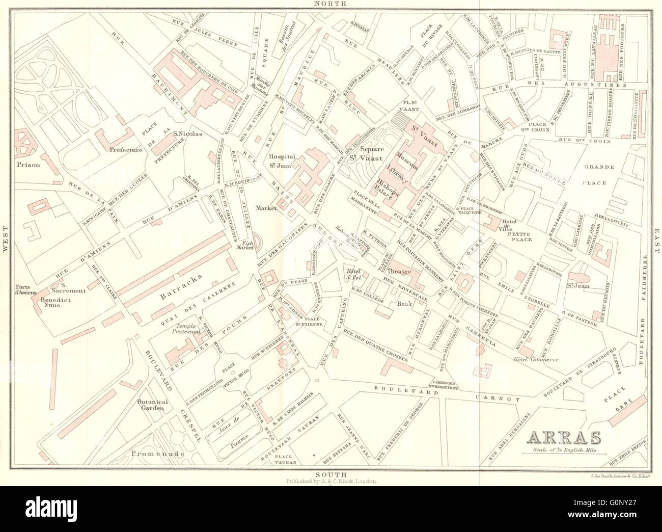 PAS-DE-CALAIS: Dunkerque to Paris: Arras, 1913 antique map Stock Photo