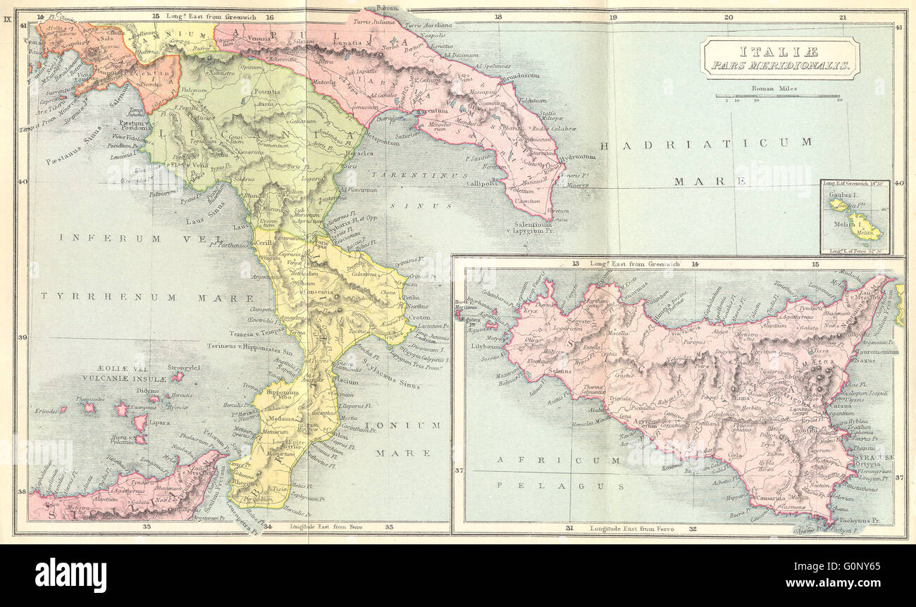 ITALY: Italiae Pars Meridionalis; Sicilia Roman, 1908 antique map Stock Photo