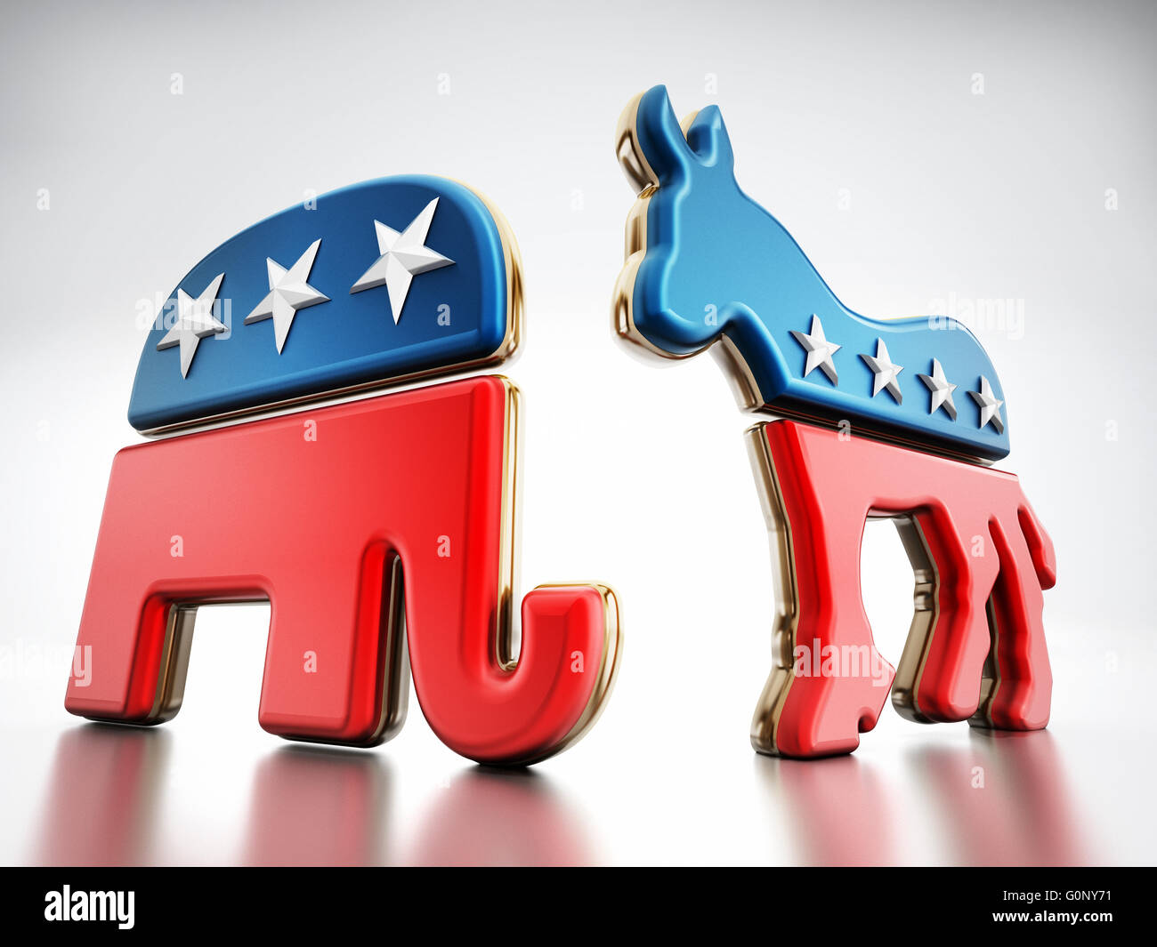USA Political party symbols isolated on white background. Elephant for Republicans and donkey for the democrats. Stock Photo