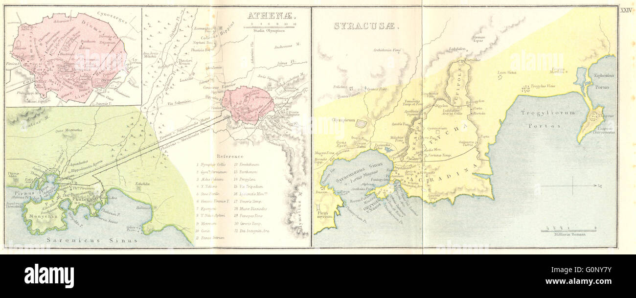 GREECE Athenae; Syracusae; Athens Syracuse, 1908 antique map Stock