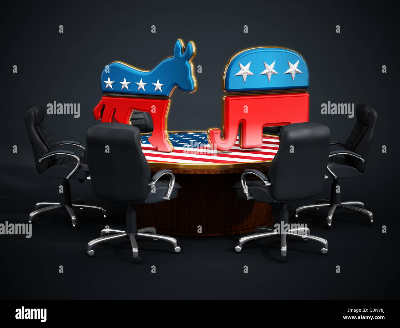 USA Political party symbols standing on American flag covered table. Stock Photo