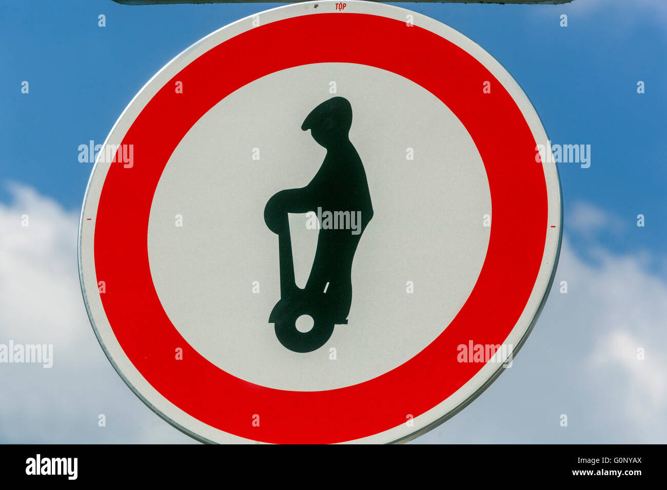 Traffic signs prohibiting entry of vehicles type Segway to Kampa Park, Mala Strana, Prague, Czech Republic Stock Photo