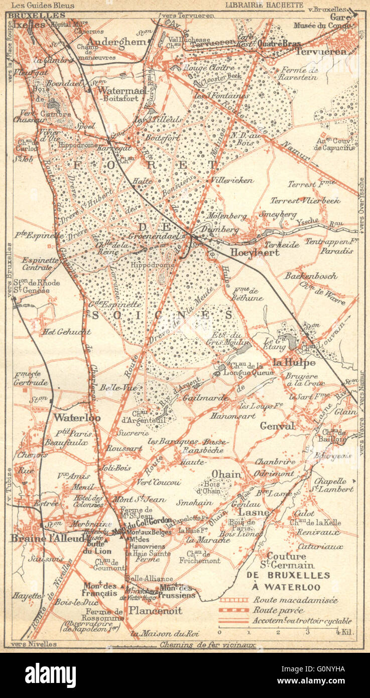 BELGIUM: From Brussels to Waterloo, 1924 vintage map Stock Photo