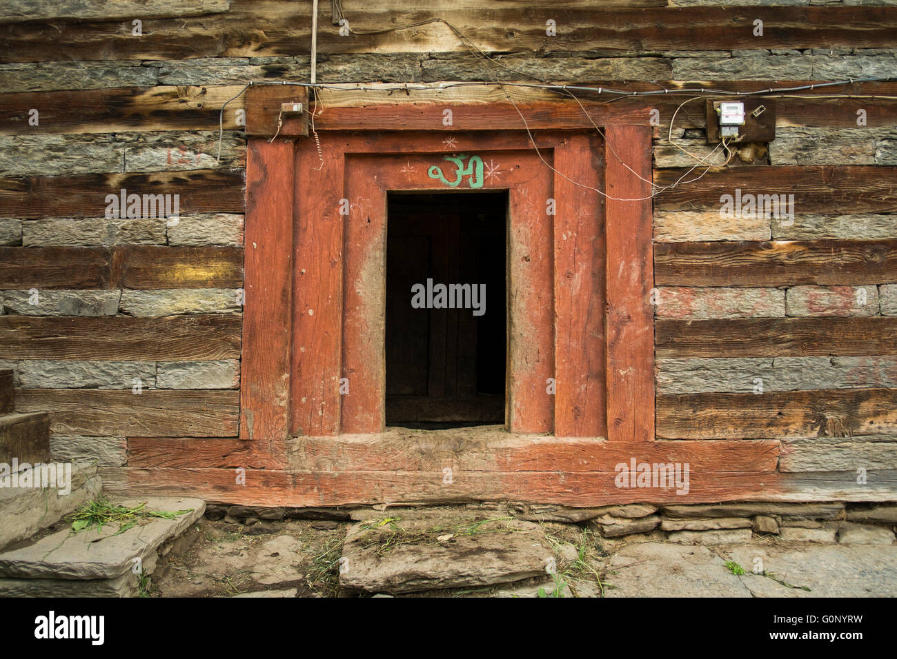 A traditional door at a Himalayan home showing an indigenous architectural style Stock Photo