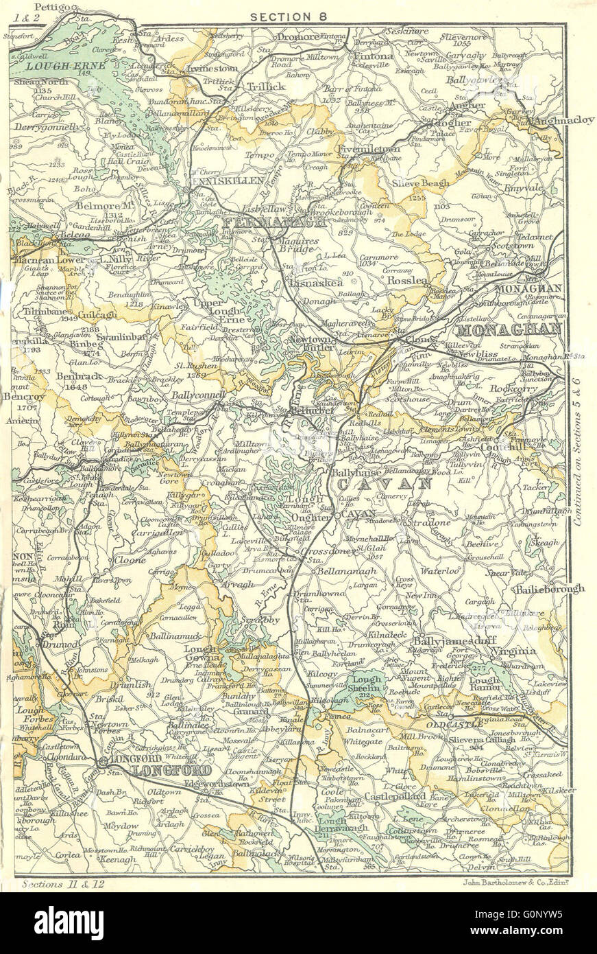IRELAND: Parts of Cavan, Fermanagh, Longford & Monaghan, 1912 antique map Stock Photo