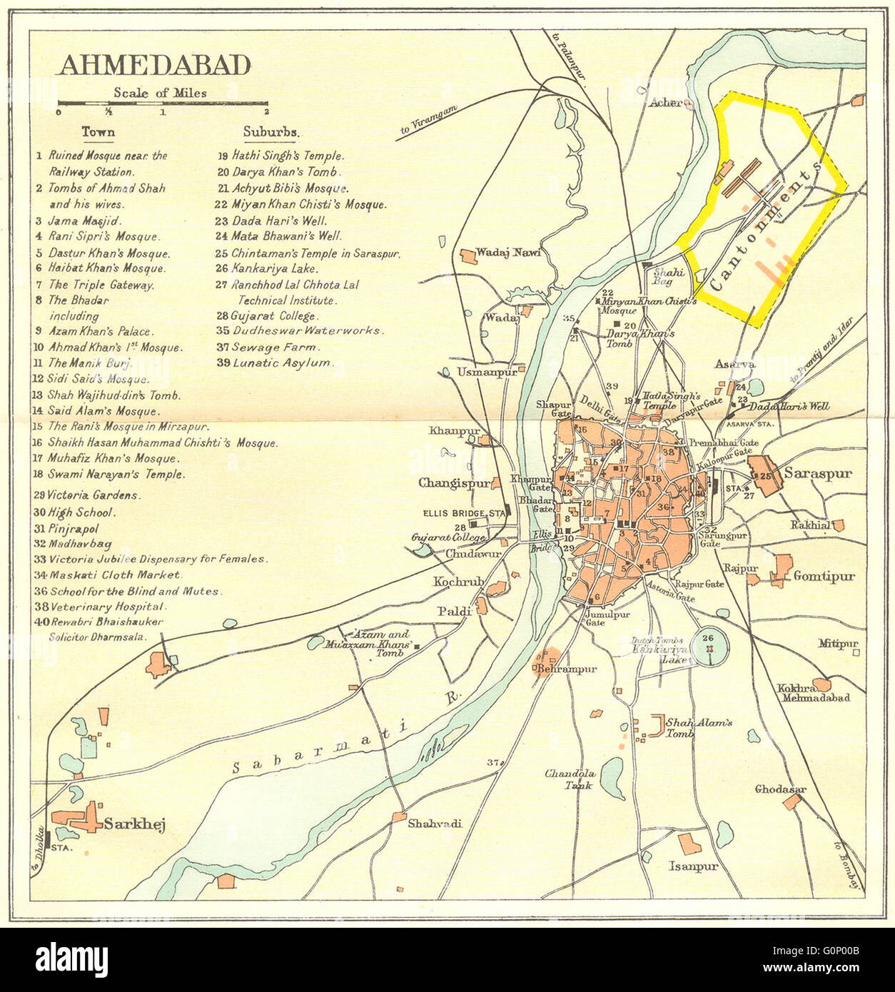 INDIA: Ahmedabad city plan. Palaces mosques temples tombs. Gujarat, 1924 map Stock Photo