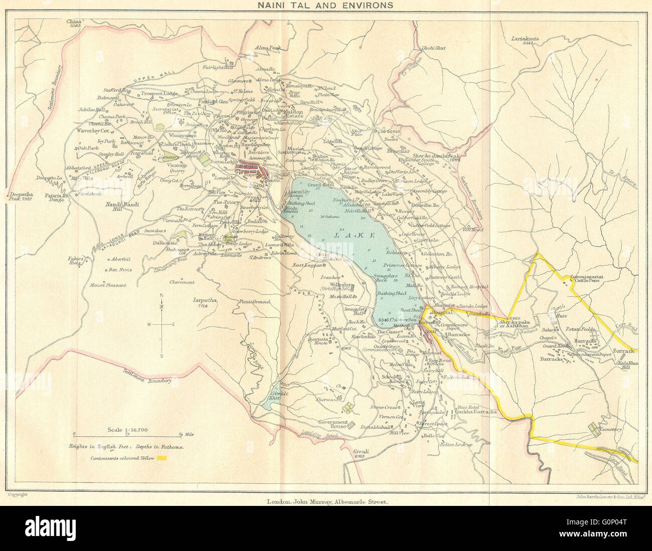 INDIA: Naini Tal (Nainital) & environs. Hill station Lake. Uttarakhand, 1924 map Stock Photo