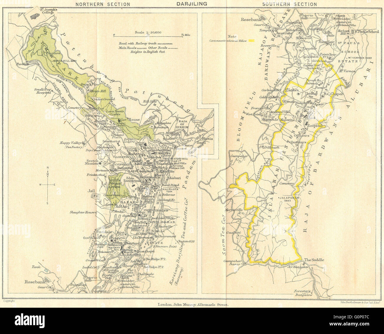 BRITISH INDIA: Darjiling (Darjeeling) town plan.Cantonment.Tea estates, 1924 map Stock Photo