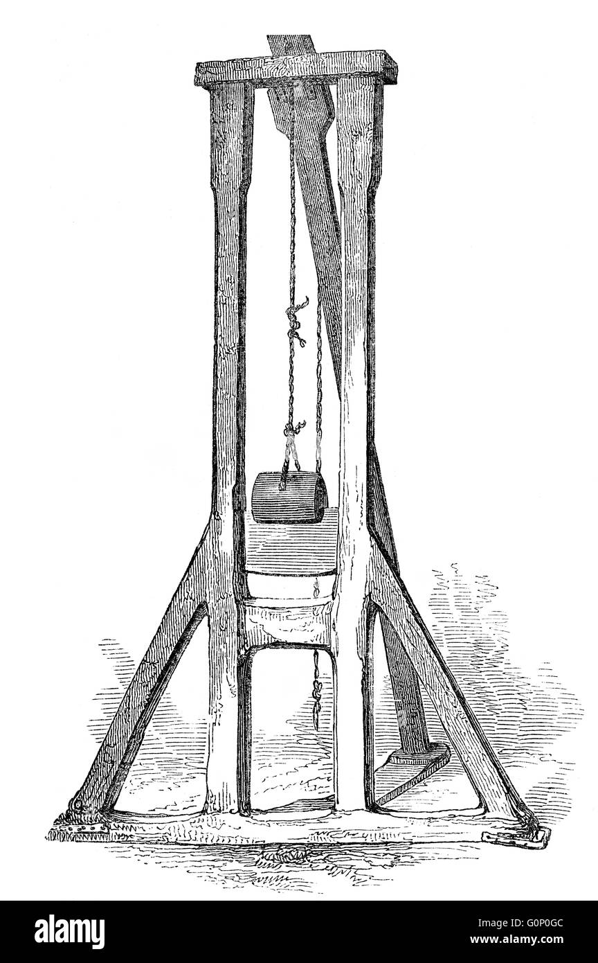 The Scottish Maiden, an early form of guillotine, or gibbet, used between the 16th and 18th centuries in Edinburgh, Scotland Stock Photo