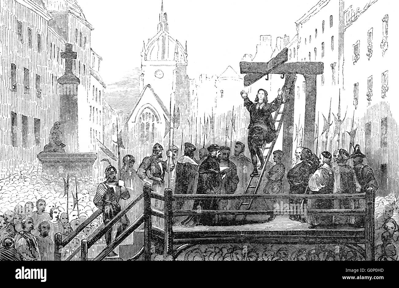 The execution of Hugh M'Kail, c. 1640-1662, market-cross of Edinburgh, hanged on a gibbeton  20th of December Stock Photo