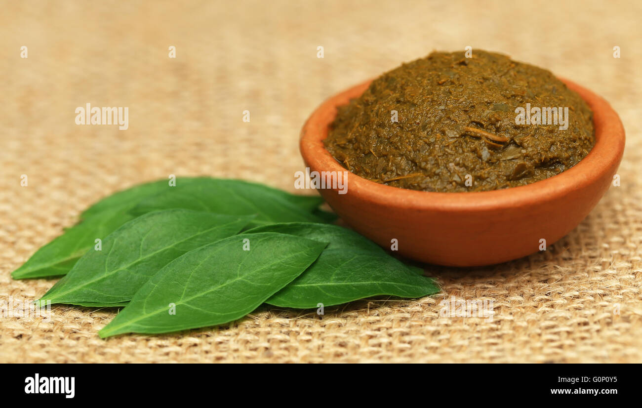 Ayurvedic henna leaves with paste in a pottery Stock Photo