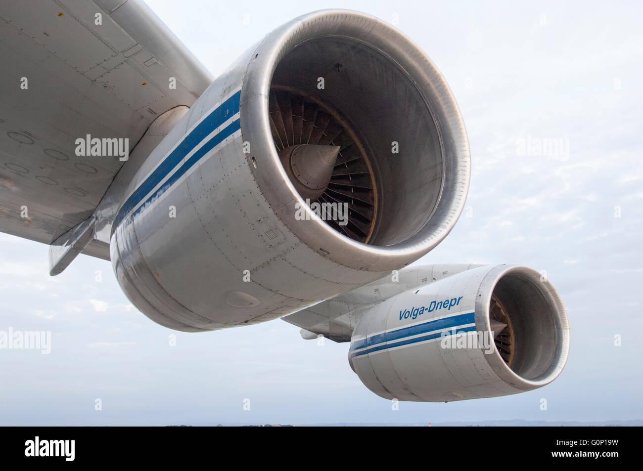 Left wing engines of a Volga-Dnepr Airlines, Antonov An-124-100 Commercial transport aircraft (registration RA-82047) at Aucklan Stock Photo