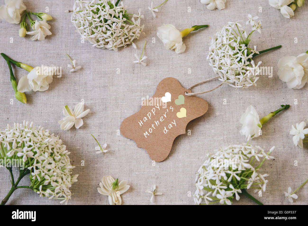 Happy Mother's day tag with White flowers background, selective focus, toning Stock Photo
