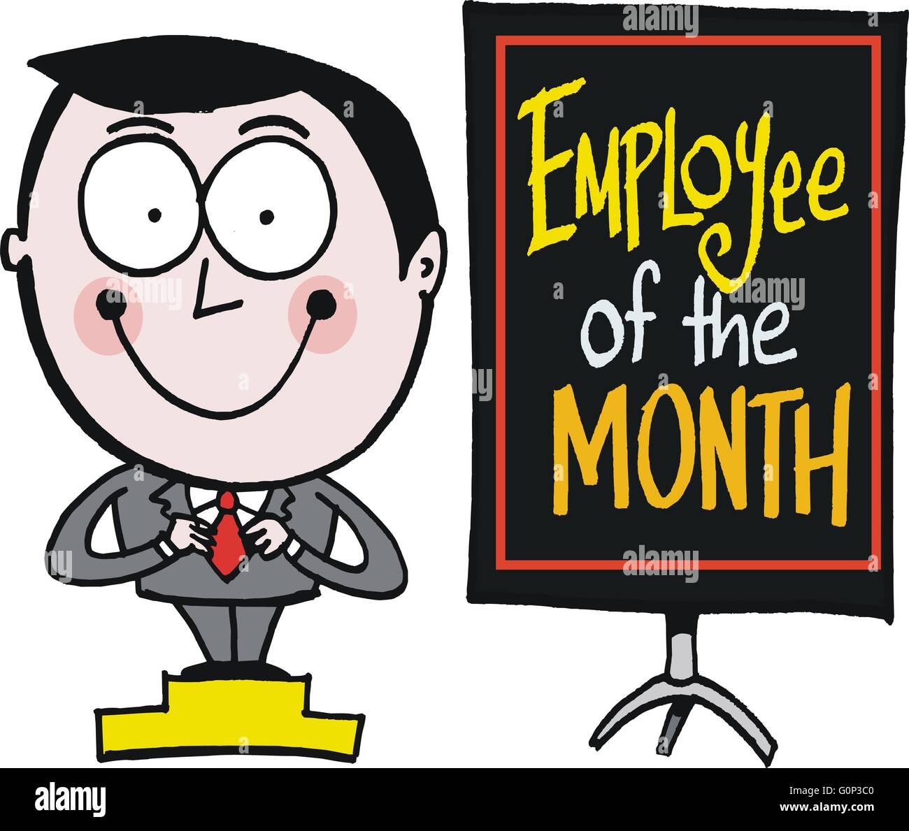 Cartoon with smiling man proudly being awarded employee of the month with large sign Stock Photo