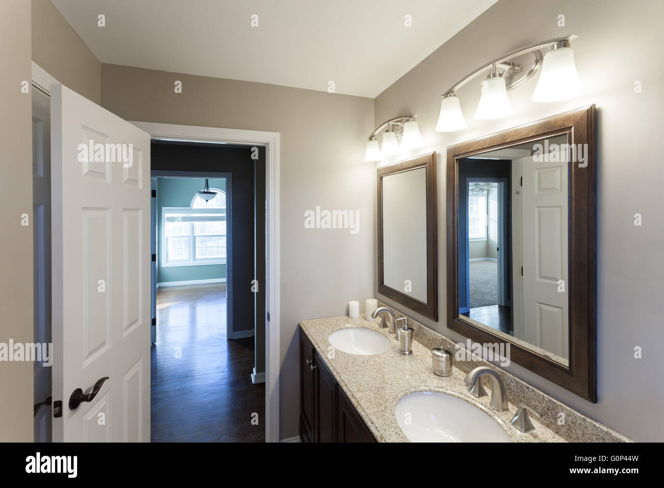 Beautiful staged interior bathroom room in a modern house. Stock Photo