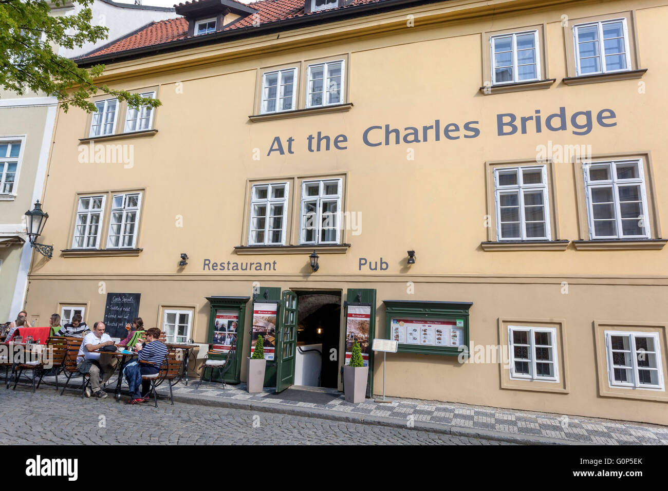 Restaurant pub At the Charles Bridge, Kampa Island, Lesser Town, Prague, Czech Republic Stock Photo