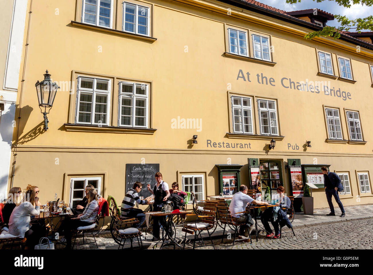 Prague Restaurant pub bar At the Charles Bridge, Kampa Island, Lesser Town Prague, Czech Republic Stock Photo