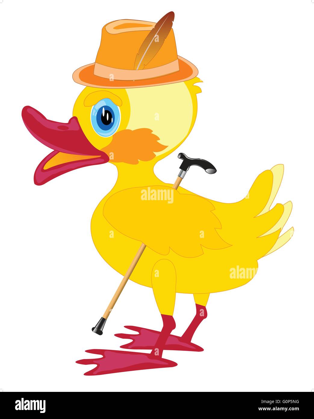 Duckling fisherman with fishing rod and catch on white background