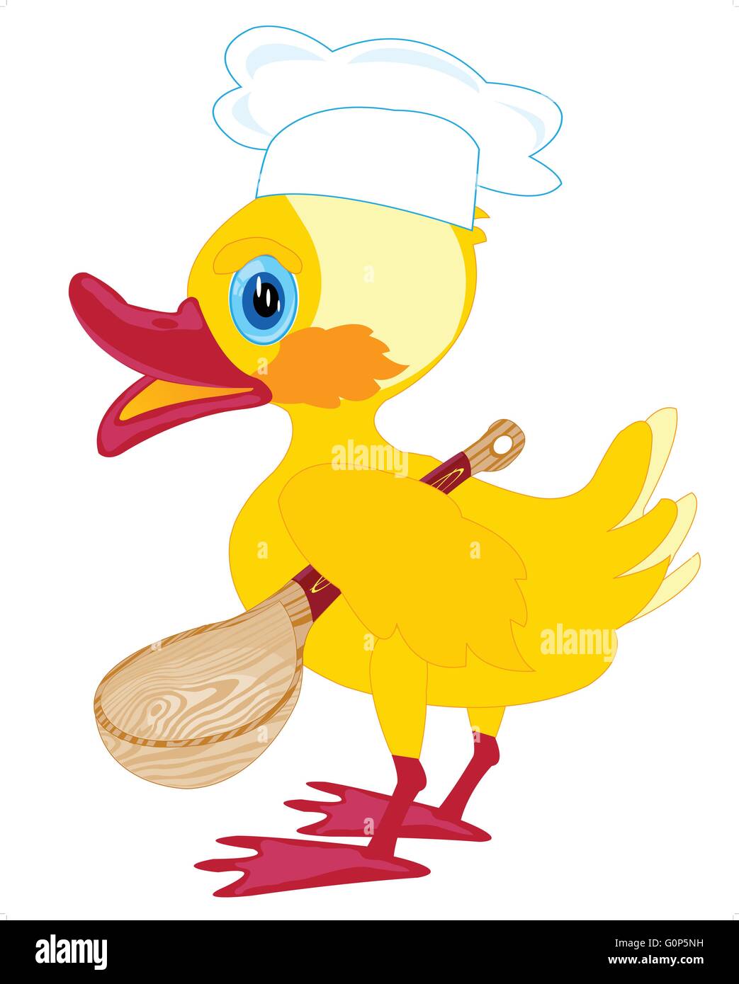 Cartoon duckling cook with spoon on white background Stock Vector Image