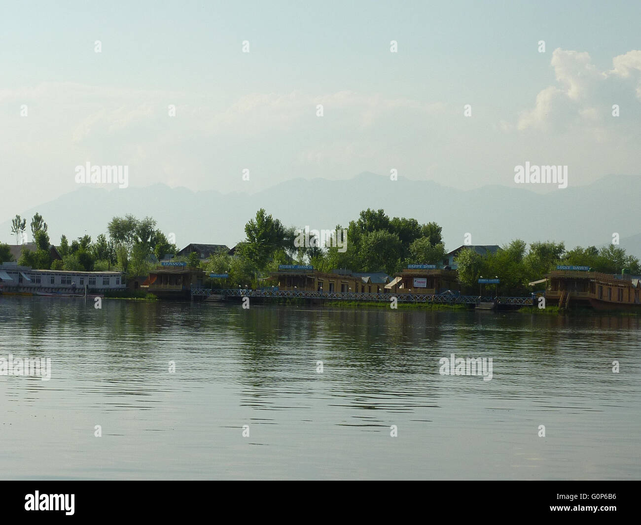 Houseboats in Dal Lake, Srinagar, Kashmir, with floating kitchen gardens the background, boarding and lodging Stock Photo