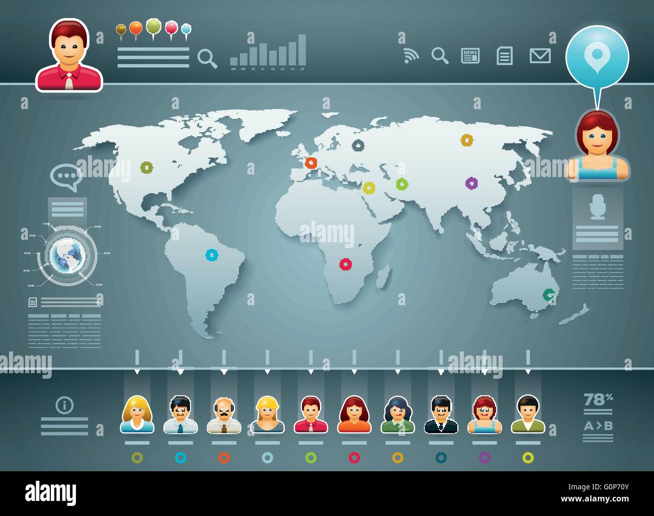 Vector world map and people infographics. Elements are layered separately in vector file. Easy editable. Stock Vector