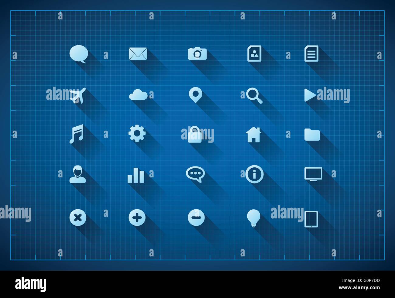 Vector flat long shadow icon set on blueprint background. Stock Vector