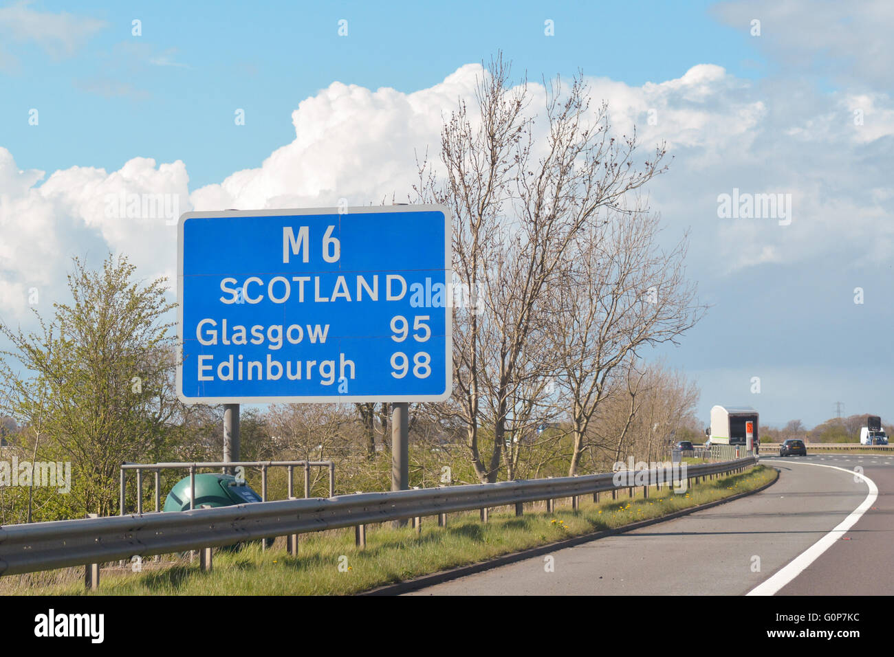 M6 motorway sign - heading towards Glasgow, Edinburgh, Scotland, UK Stock Photo