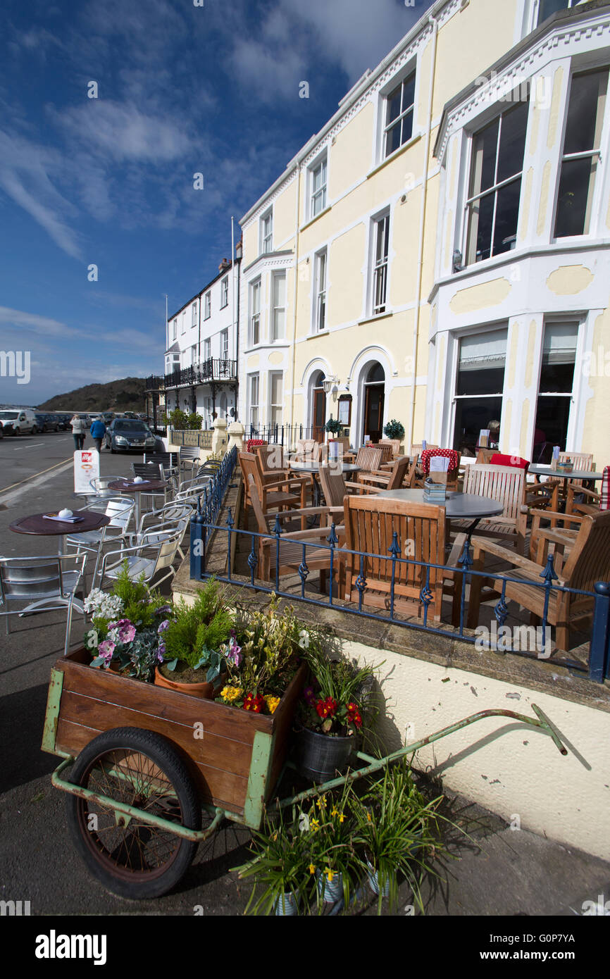 Town of Beaumaris, Anglesey, Wales. Picturesque view of a seafront café