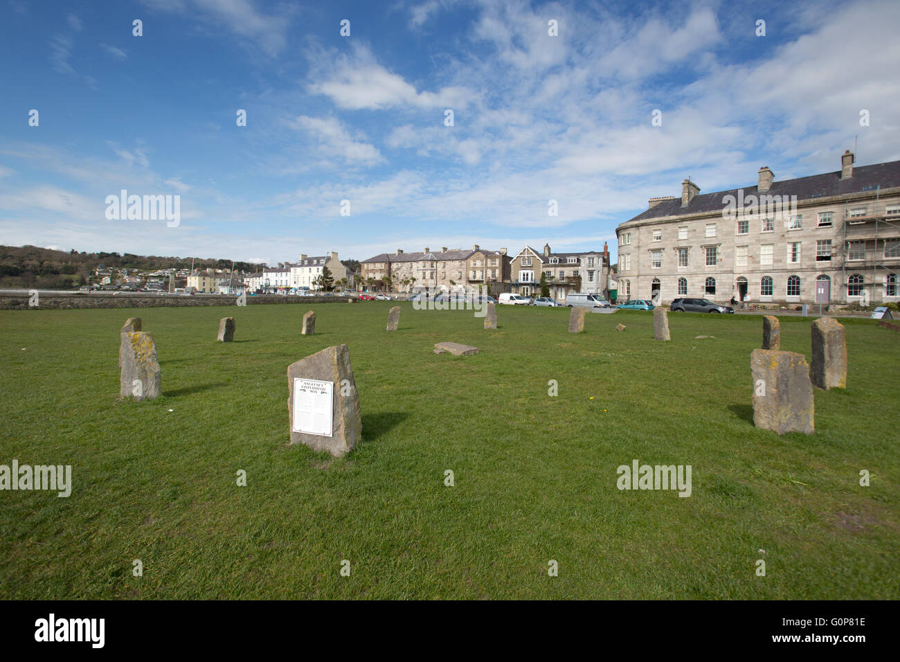 Town of Beaumaris, Anglesey, Wales. Picturesque view of the Anglesey Eisteddfod stone circle on Beaumaris’s Seafront. Stock Photo