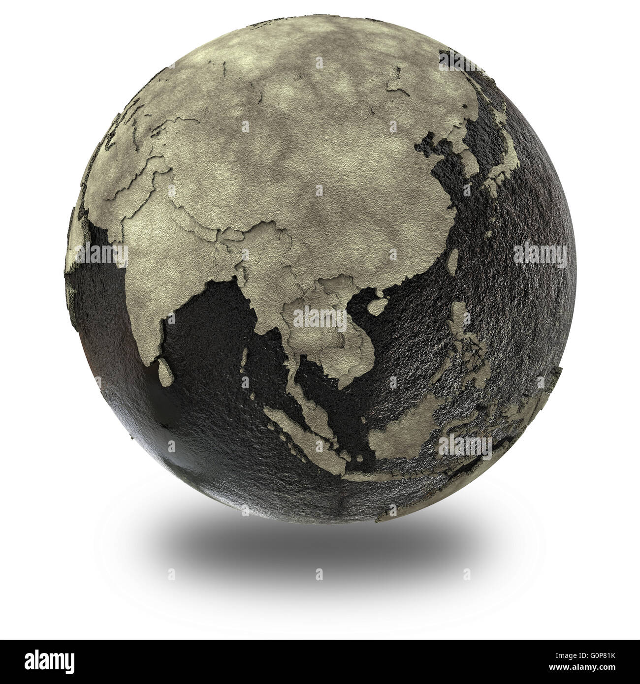 Southeast Asia on 3D model of planet Earth with black oily oceans and ...