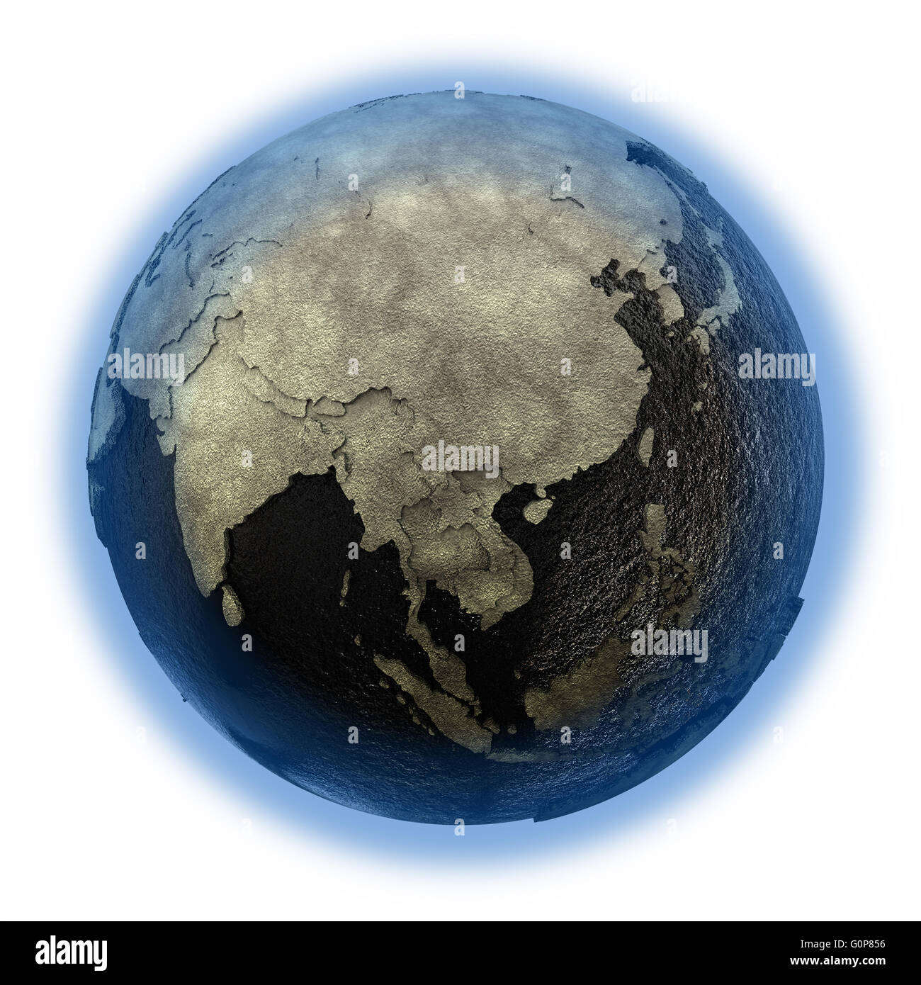 Southeast Asia on 3D model of planet Earth with black oily oceans and ...