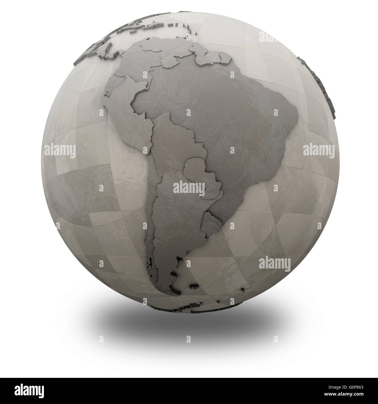 South America on 3D model of metallic planet Earth made of steel plates ...
